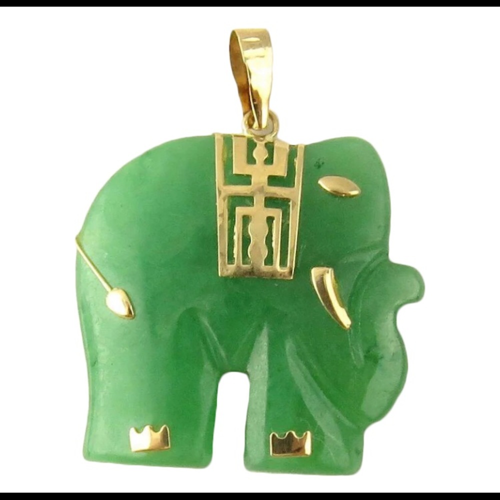 New 14 Karat Yellow Gold and Jade Elephant Pendant